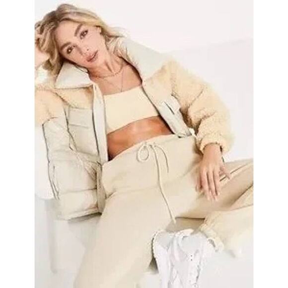 QED London Teddy Puffer Jacket Size 12 Beige Tie Waist Outdoor Warm - Picture 2 of 11